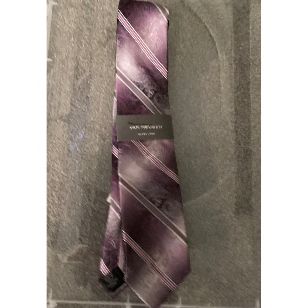 Van Heusen Extra Long Tie Purple Grey Paisley Diagonal Stripe Silk Blend Mens